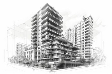 Stylish modern architecture showcasing sleek design and vibrant urban lifestyle in a detailed illustration.