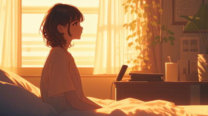 Golden Hour Melancholy: A young woman sits on her bed, bathed in the warm glow of the setting sun, her gaze directed out the window.