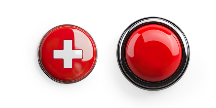 Glossy Red Button with Plus Sign on a Transparent Background