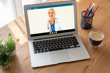 Doctor video call online by modish telemedicine software application for virtual meeting with patient