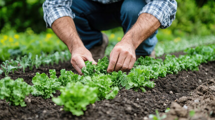 farmer hands gently tending to fresh lettuce seedlings in rich soil, showcasing care and dedication involved in sustainable agriculture