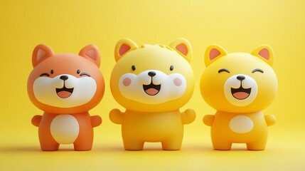 Three cute cartoon animals, orange and yellow, smiling.