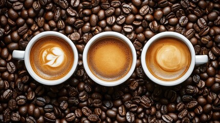 Fototapeta premium Three coffee cups filled with coffee, surrounded by coffee beans, presented in a flat lay style. The arrangement highlights the coffee cups and coffee beans, with ample copy space.