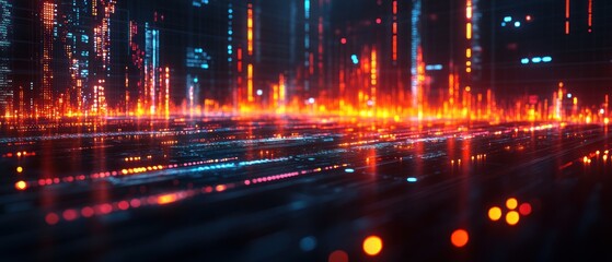 Abstract digital landscape with glowing lines and data visualization.