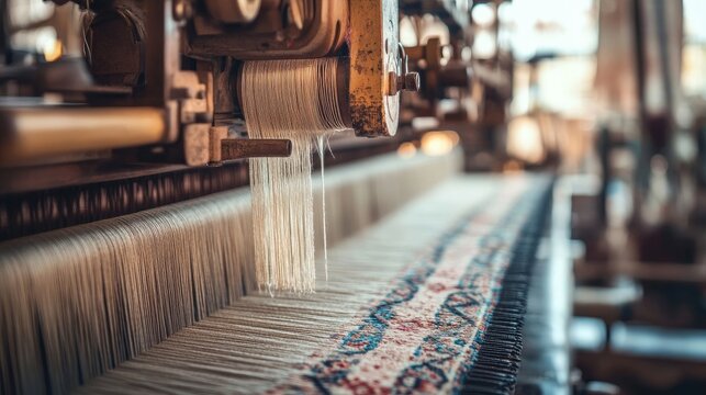 Textile machines designed for weaving silk thread, emphasizing the intricate process of creating silk fabric. Captivating details of textile machines with ample copy space for design purposes.