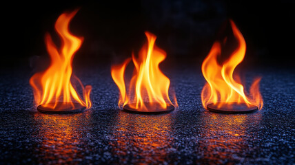 Naklejka premium Fierce flames dance and flicker, creating mesmerizing patterns on dark surface. vibrant orange and yellow hues contrast beautifully against cool background, evoking sense of warmth and energy