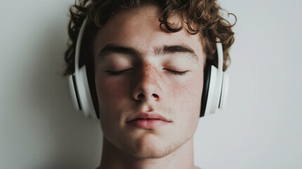 Young man listening to music with black headphones