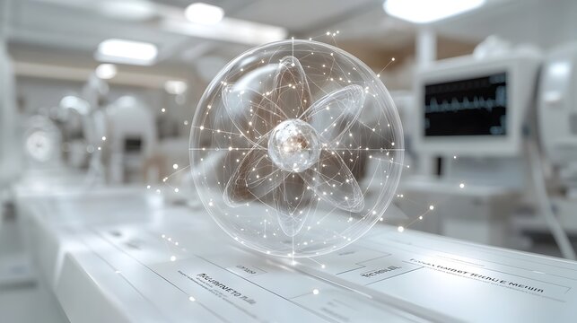 Highly detailed and scientific 3D diagram of a technetium atom providing a clear visualization of its electron and highlighting its applications in medical imaging such as SPECT and PET scans