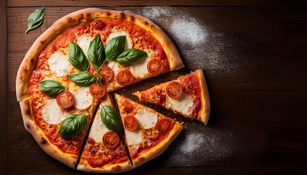 Plano cenital de una porcion de una pizza margarita sobre una mesa de madera con harina