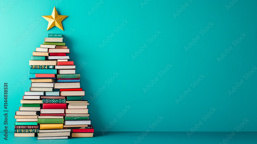 Poster festive book stack arranged to resemble a christmas tree against a teal background with a golden sta