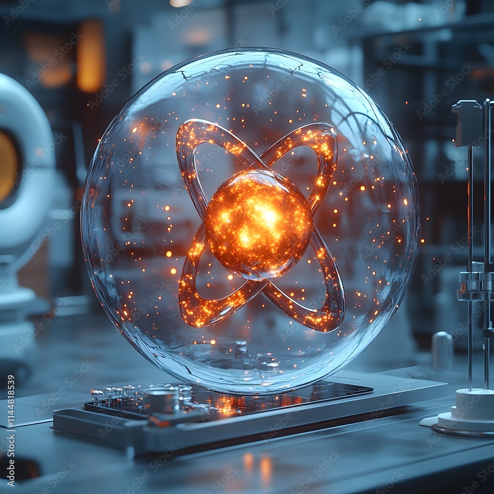Poster intricate 3d representation of a technetium atom showcasing its electron and medical imaging applica