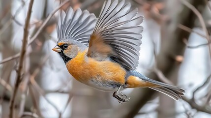 Bullfinch in mid-flight showcasing vibrant colors against a blurred forest background