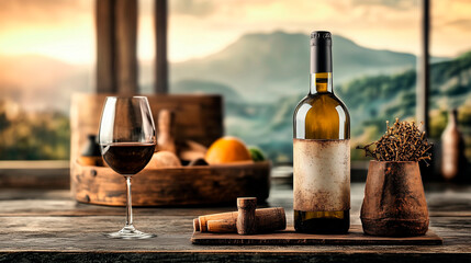 wooden table top, in the foreground elite expensive bottle of wine, in the background the early sky milky way, earth,