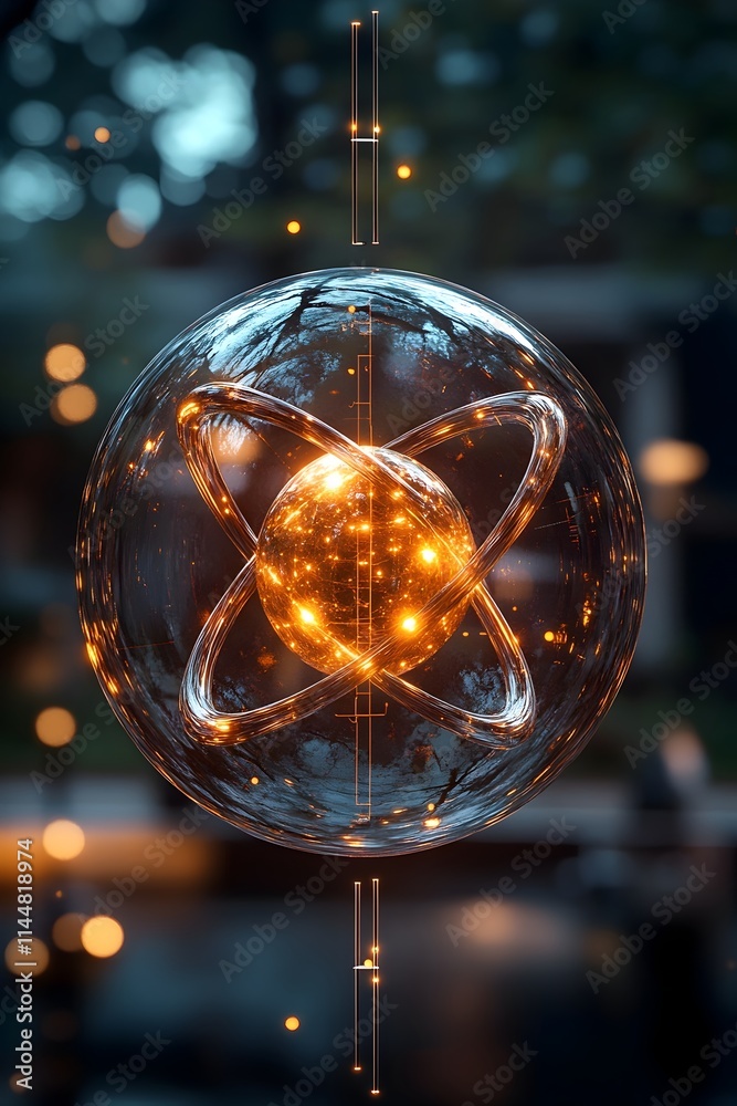 Poster transparent 3d visualization of a technetium atom showcasing its electron structure and applications