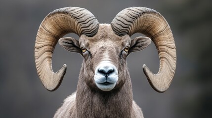 Obraz premium Close-up portrait of a bighorn sheep with impressive big horns, capturing the details of its majestic features and character. Perfect for highlighting the beauty of wildlife, with ample copy space.