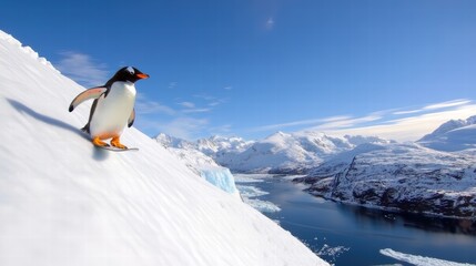 Obraz premium A penguin gracefully slides down a snowy slope on a clear day, with stunning icy mountains and a serene body of water in the background, capturing nature's beauty.