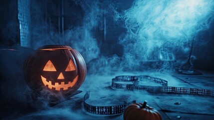 Empty film strip and movie reel capture a cinematic scene blending comedy and horror. This spooky atmosphere creates a unique backdrop perfect for Halloween promotions, with ample copy space.