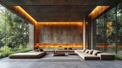 Modern minimalist living room with concrete wall, low seating, and large windows overlooking lush greenery.