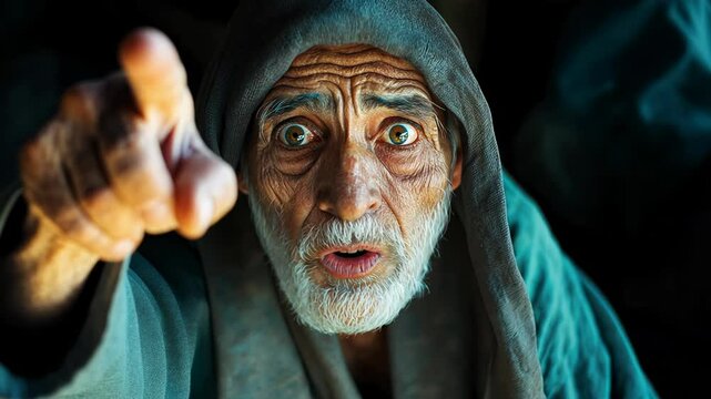 An elderly Arab man stands in a dimly lit environment, expressing strong emotions as he points his finger in a display of anger.