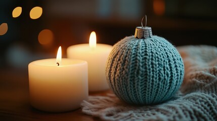 Lit candles glow beside a cozy knitted Christmas ornament.