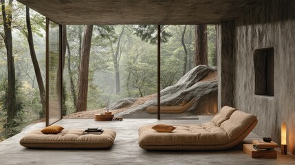Modern minimalist living room with panoramic forest view, featuring a beige sectional sofa, low seating, and wooden accents.