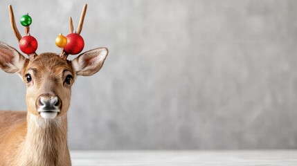 A reindeer adorned with colorful ornaments rests against a minimalist gray background, symbolizing the mix of modern simplicity and festive tradition in holiday decor.
