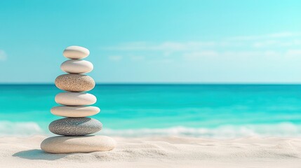 Fototapeta premium Calm pebbles arranged in a stack on a tranquil beach, complemented by a serene view of turquoise water in the backdrop. The pebbles create a peaceful atmosphere and ample photo space.