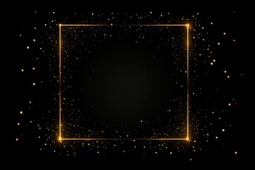 Golden glowing square frame with gold sparkles around isolated on black background
