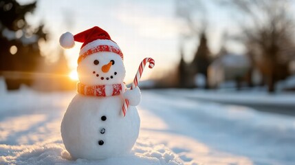 Obraz premium A cheerful snowman wearing a Santa hat and scarf holds a candy cane, standing in a snow-covered landscape during a beautiful sunset, creating a festive mood.