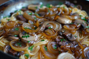 Fototapeta premium A savory dish of linguine pasta cooked with tender chicken liver, caramelized onions, and garnished with fresh parsley. Served in a pan for a rustic presentation.