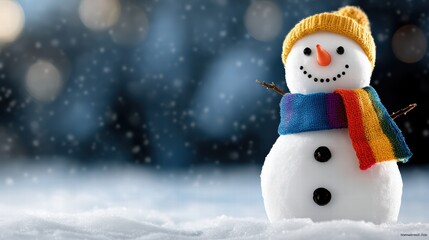 Fototapeta premium A delightful snowman wearing a yellow hat and rainbow scarf stands against a dark snowy backdrop, representing winter warmth and colorful joy.