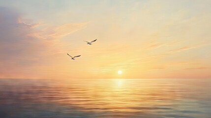 Obraz premium Oil painting capturing a serene coastal landscape, with seagulls soaring above the tranquil water during sunset. Perfect for evoking coastal vibes, with ample space for design elements.
