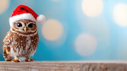 Obraz premium An owl with a Santa hat perches on a table, set against a backdrop of blue bokeh lights, creating a festive and whimsical holiday atmosphere.