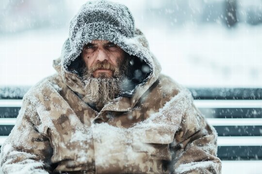 A rugged, weathered man with a stern expression sits amidst a snowstorm, dressed in heavy winter clothing, exuding resilience and stoic determination in harsh weather.