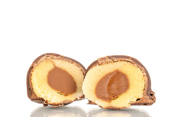 Several chocolate candies, close-up, isolated on a white background.