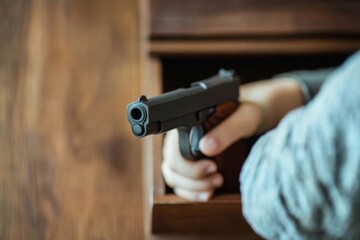 Obraz premium A person's hand firmly grasps a handgun emerging from a secretive drawer, evoking a sense of tension, caution, and the hidden dangers often lurking in unexpected places.