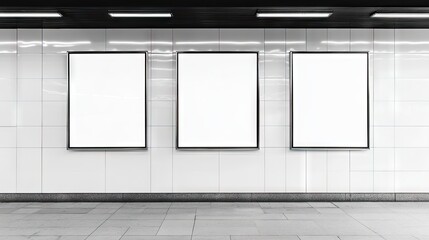 Three glossy vertical billboards stand empty against a white subway wall, providing a clear backdrop perfect for advertising. These vertical billboards offer ample copy space for any message.
