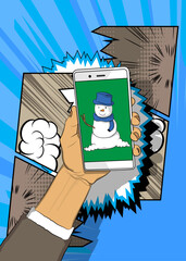 Cartoon Smartphone, comic book Telephone with Snowman. Retro vector comics pop art design.