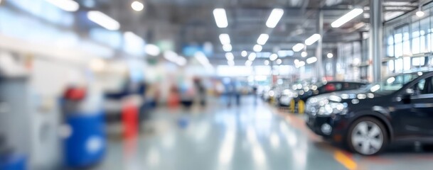 Blurred panoramic view showcasing a busy auto repair location. 