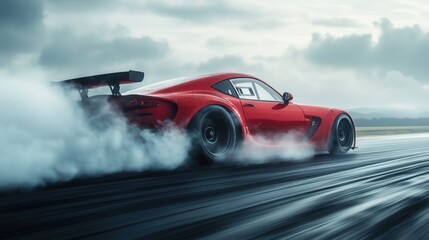 Red sports car drifting on a wet race track, creating a dramatic trail of smoke against a backdrop of gray clouds, capturing the thrill and excitement of high-speed motorsport action