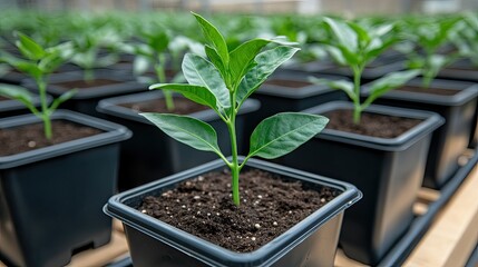 Vibrant green tomato seedlings thrive in black pots on a sunlit windowsill, showcasing nature in an indoor setting