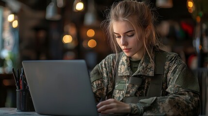 Dedicated military personnel working on laptops in urban environment inspiring focused atmosphere of commitment and service