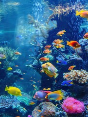Fototapeta premium Vibrant tropical fish swim in a lively underwater world filled with colorful coral and marine life at a large aquarium. Generative AI
