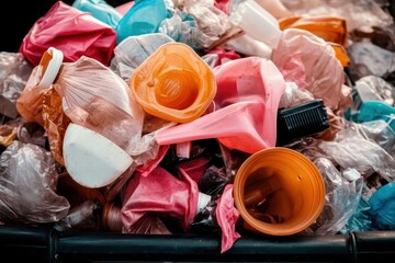 A close-up of colorful plastic waste in various shapes and sizes gathered in a bin, representing the global issue of waste management and environmental concerns.