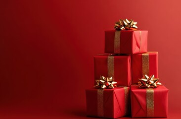 Red gift boxes on a red background, a New Year concept.