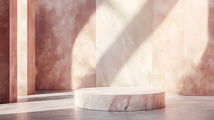 Abstract 3D illustration highlighting realistic metamorphoses, featuring a textured marble stand podium and a time portal, with ample copy space for creative use.