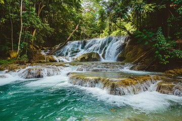 Fototapeta premium A sparkling waterfall in a lush forest 