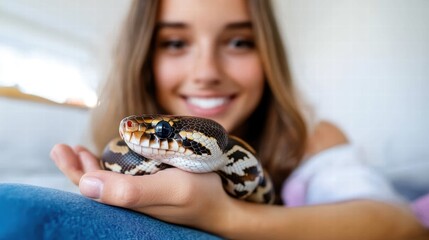 A woman with long brown hair smiles warmly while holding a python snake in her hand, sitting comfortably indoors with a casual, relaxed demeanor.