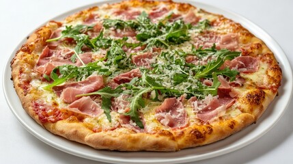 Italian pizza served on a white plate, garnished with fresh arugula and ham. This Italian pizza is ready to eat and perfect for any occasion, with ample space for styling.