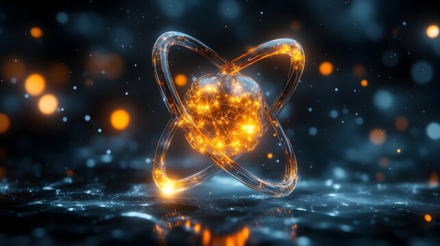 Highly detailed 3D representation of a technetium atom showcasing its electron shell structure and applications in medical imaging and diagnostics